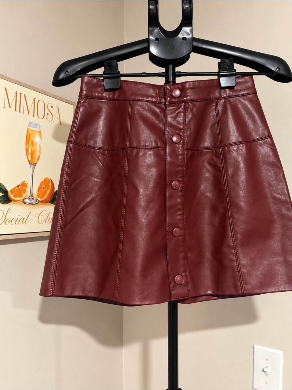 Free People Burgundy Faux Leather Button-Front Mini Skirt